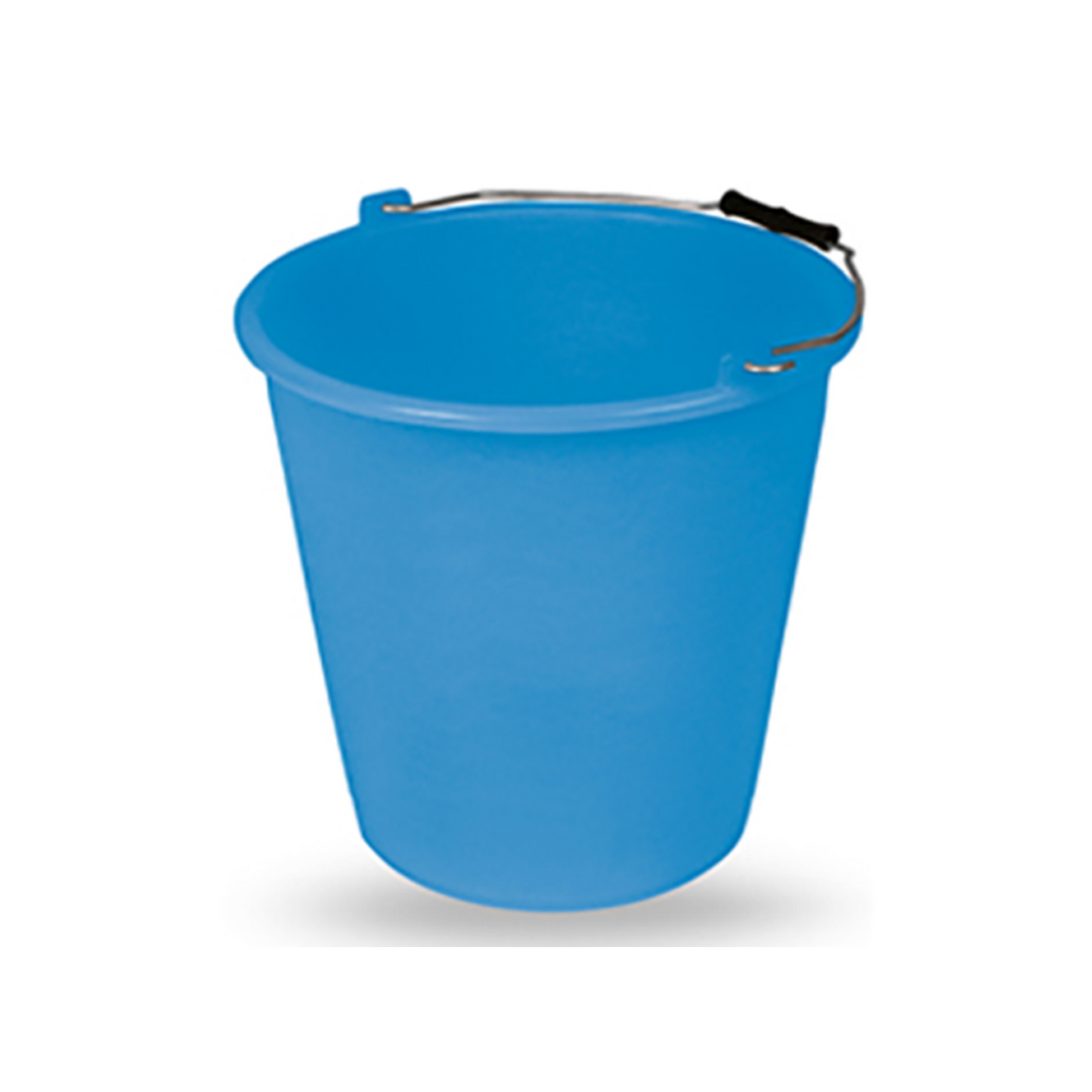 A bright blue plastic bucket with a metal wire handle and a black grip, shown on a white background with a soft shadow.