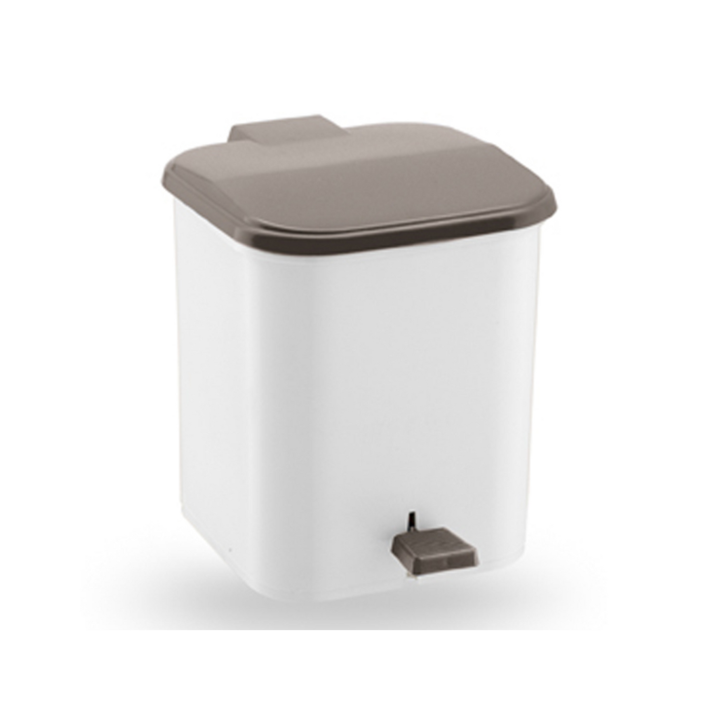 8L square plastic pedal bin in white with a taupe lid and foot pedal for hands-free waste disposal.