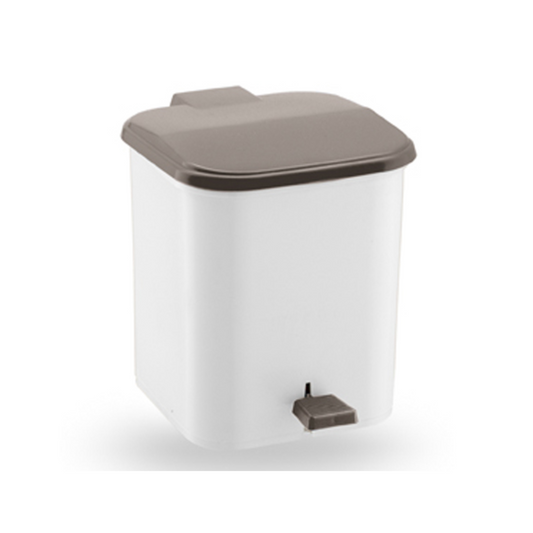 8L square plastic pedal bin in white with a taupe lid and foot pedal for hands-free waste disposal.