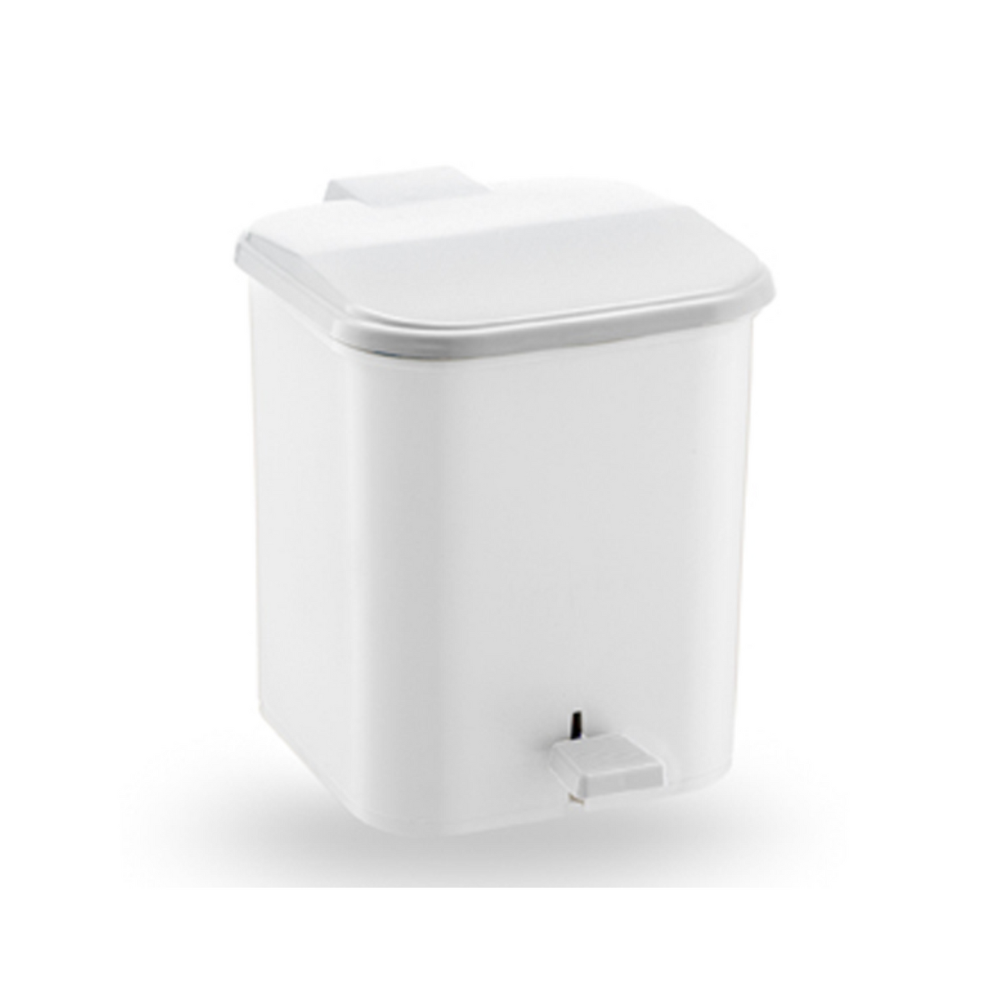 A white plastic waste bin with a hinged lid and a small white foot pedal, shown on a clean white background.