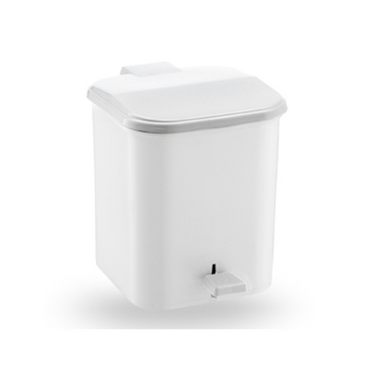 A white plastic waste bin with a hinged lid and a small white foot pedal, shown on a clean white background.