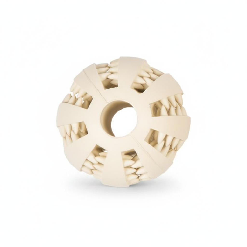 An off-white silicone dog chew toy with a central hole and textured, tooth-like segments around the outer ring, shown on a solid white background.