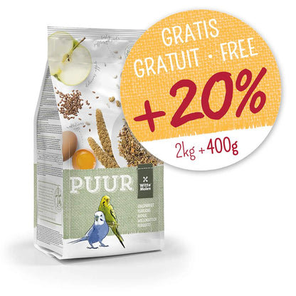 A bag of PUUR bird food with a large yellow promotional sticker overlay that reads 'GRATIS GRATUIT + FREE +20% 2kg+400g'. The bag features illustrations of a green and blue budgerigar, seeds, grains, and food ingredients on a white background.