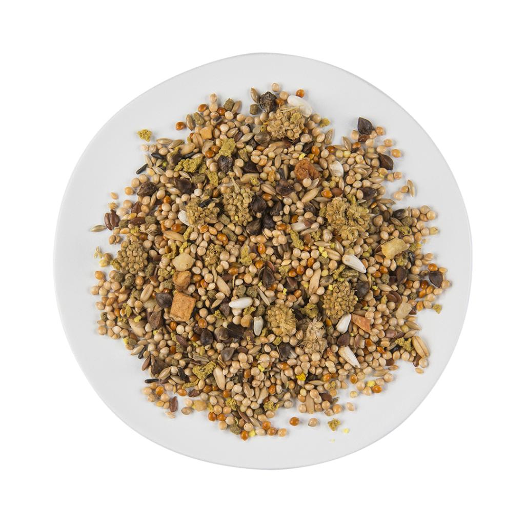 Puur Birdseed mix on a white plate with a white background