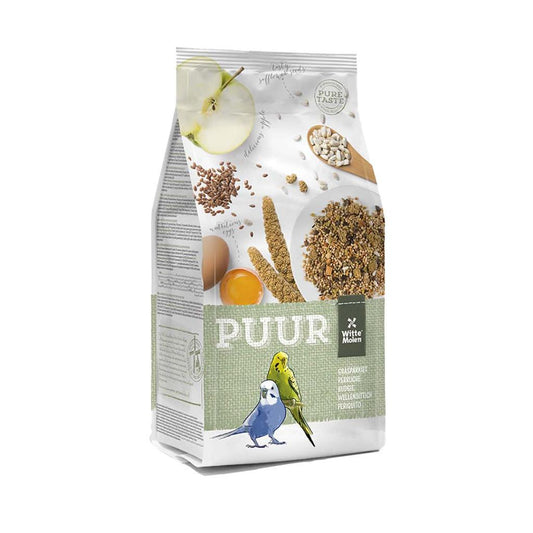 Puur Bird food packaging with ingredients and a Budgie illustration on a white background