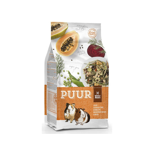 A bag of PUUR pet food for guinea pigs, featuring illustrations of papayas, a beet, herbs, and a guinea pig on a white and orange background.