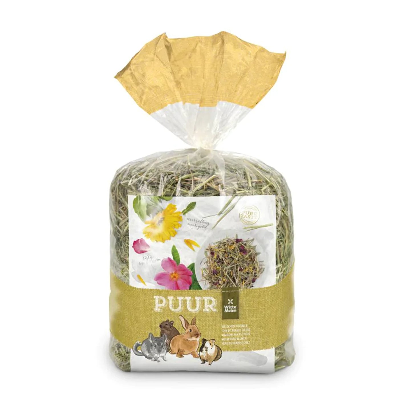 A package of small animal hay, specifically for guinea pigs and chameleons, labeled 'PUUR'. The hay is visible through a clear plastic bag with a gold-colored paper wrapper tied at the top, and a decorative label featuring rabbits and flowers.