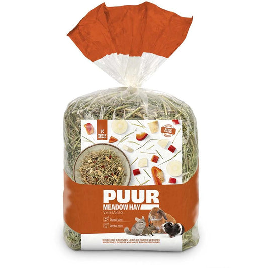 A bag of PUUR Meadow Hay for rabbits and small livestock, containing dried grass hay, sealed in a clear plastic bag with a white and orange label and a crumpled orange paper top.