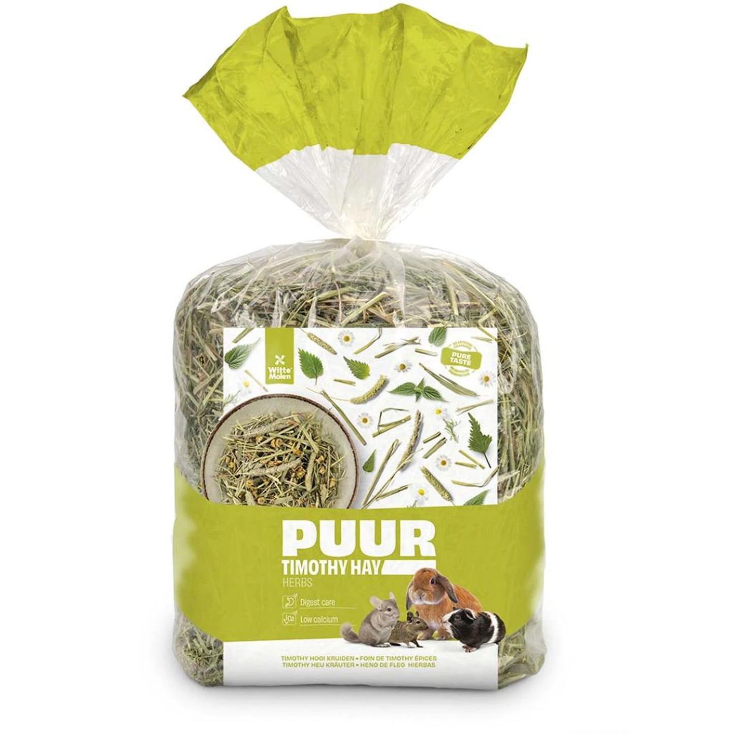 A bag of PUUR Timothy Hay for small pets, featuring a clear plastic package with a bright green and white label, containing hay visible through the clear sides, on a white background.