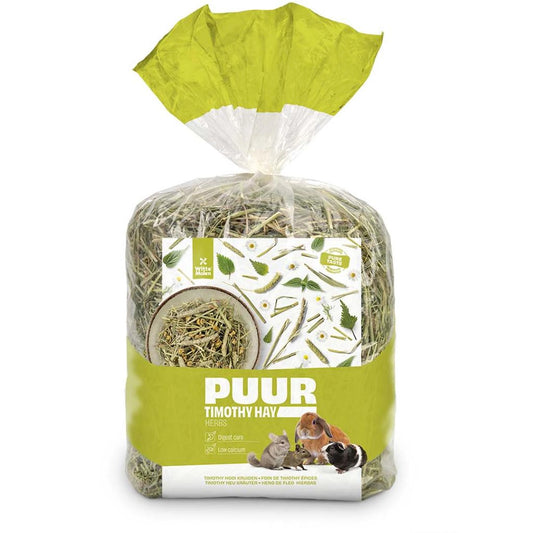 A bag of PUUR Timothy Hay for small pets, featuring a clear plastic package with a bright green and white label, containing hay visible through the clear sides, on a white background.
