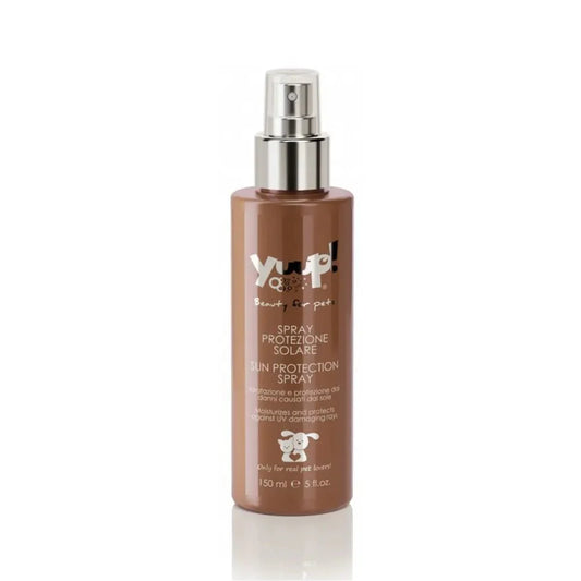 150ml brown spray bottle of Yuup! sun protection for pets with a silver nozzle and white branding text.