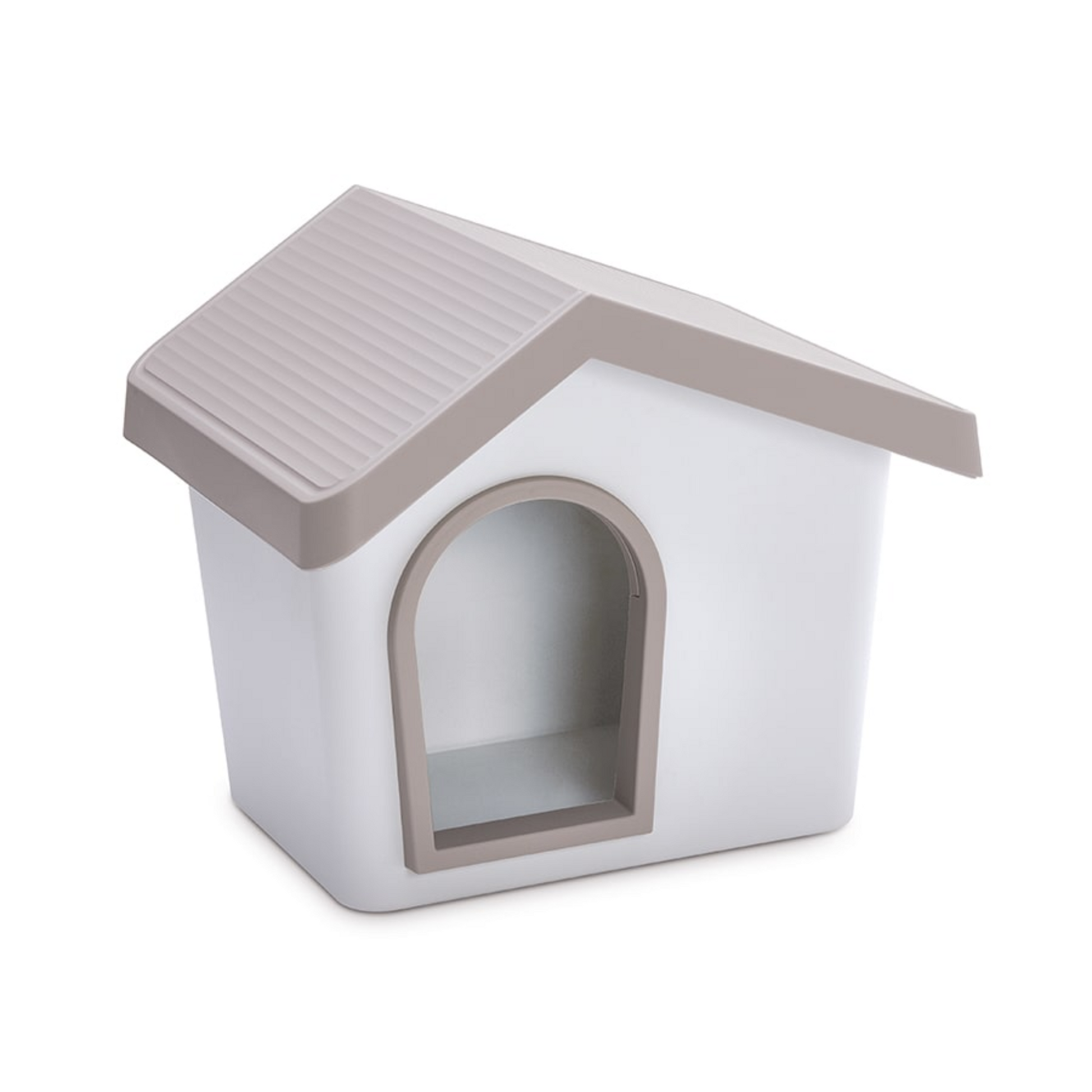 A small house-shaped plastic pet shelter or dog house with a white body, taupe-brown roof and arched entrance, shown on a plain white background.