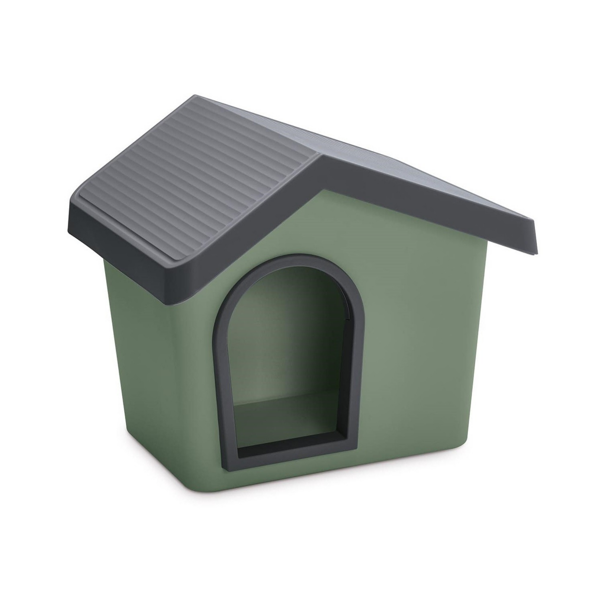 A small house-shaped pet crate or shelter in muted sage green with a dark charcoal gray roof and trim, shown on a plain white background.