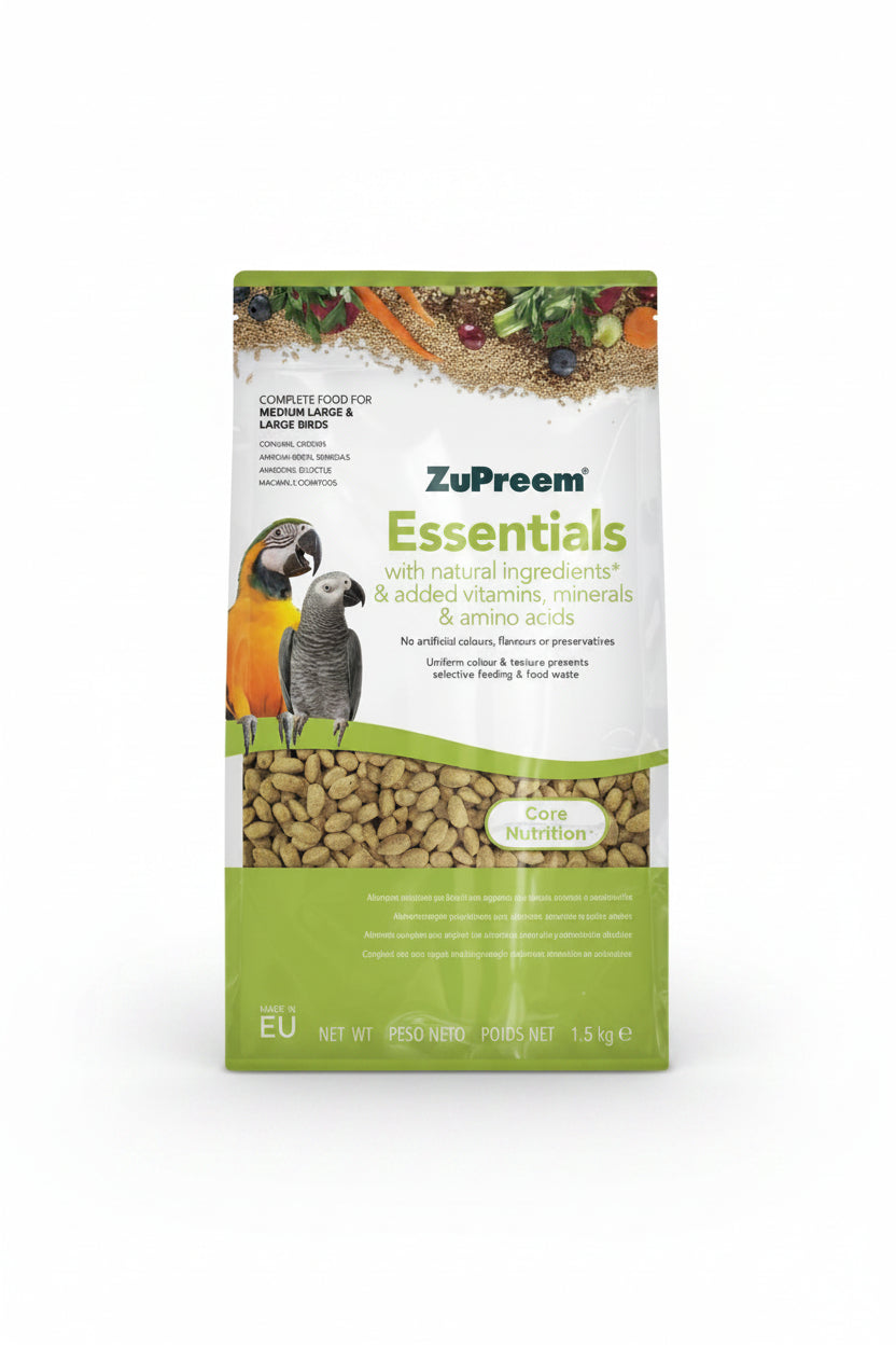 A 1.5 kg bag of ZuPreem Essentials bird food, featuring a white and green design with images of a parrot and a macaw, and a clear window showing the beige bird pellets inside.