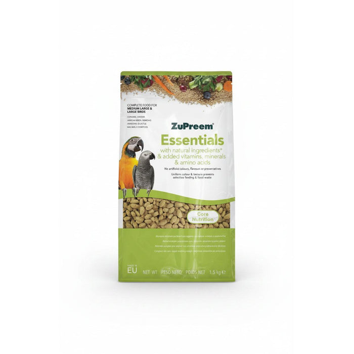 A 1.5 kg bag of ZuPreem Essentials bird food, featuring a white and green design with images of a parrot and a macaw, and a clear window showing the beige bird pellets inside.