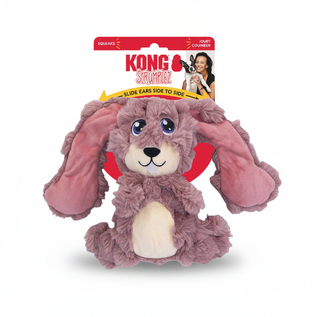 KONG Scrumplez Bunny medium pink plush dog toy with sliding squeaky ears