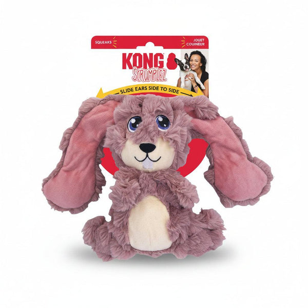 KONG Scrumplez Bunny medium pink plush dog toy with sliding squeaky ears