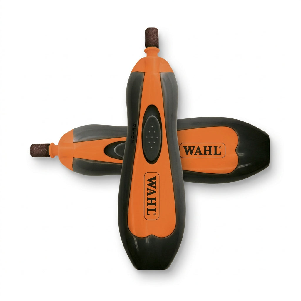 Wahl orange cordless pet nail grinder with replacement grinding heads