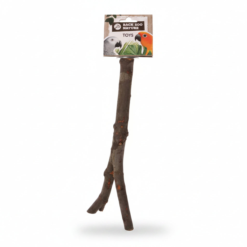 Two wooden sticks with a Back Zoo Nature branded toy packaging on a white background