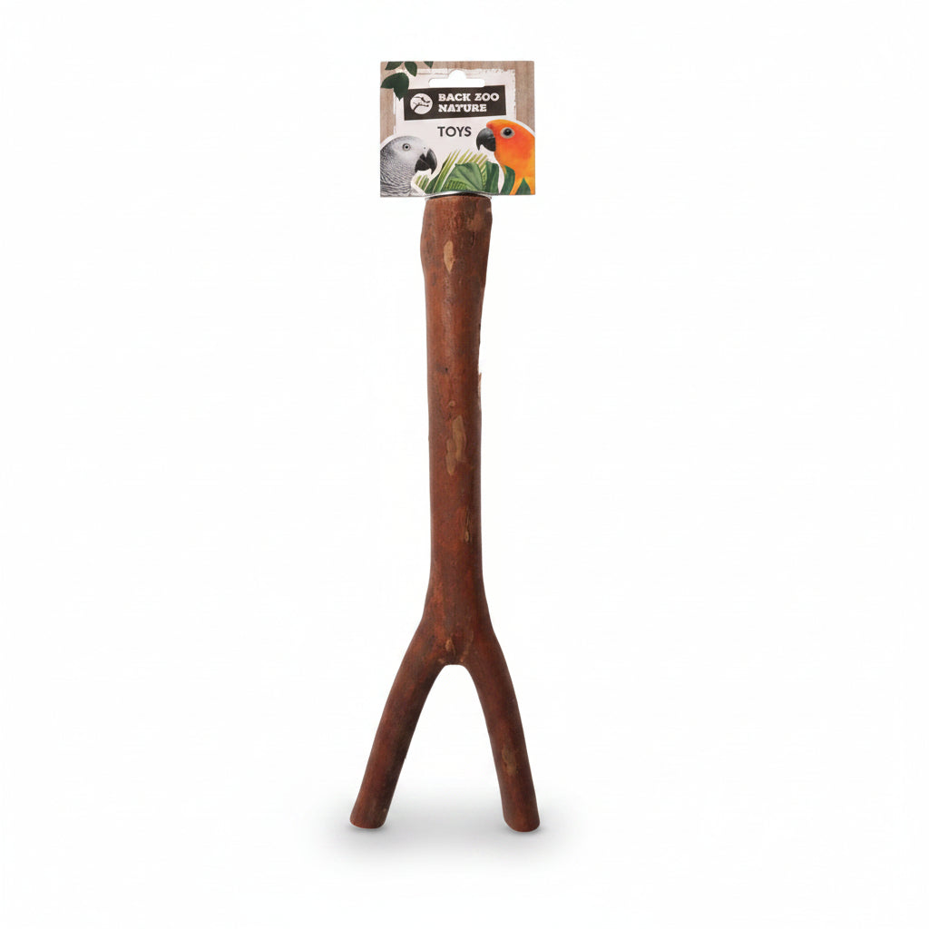 Brown bird natural perch y shape toy with packaging on a white background