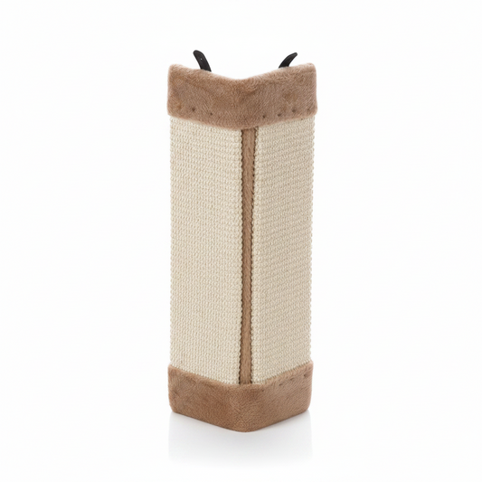 A tall, narrow cat scratching post with beige sisal-wrapped sides, brown faux-fur trim at the top and bottom, and two black metal claws visible at the top, shown on a plain white background.