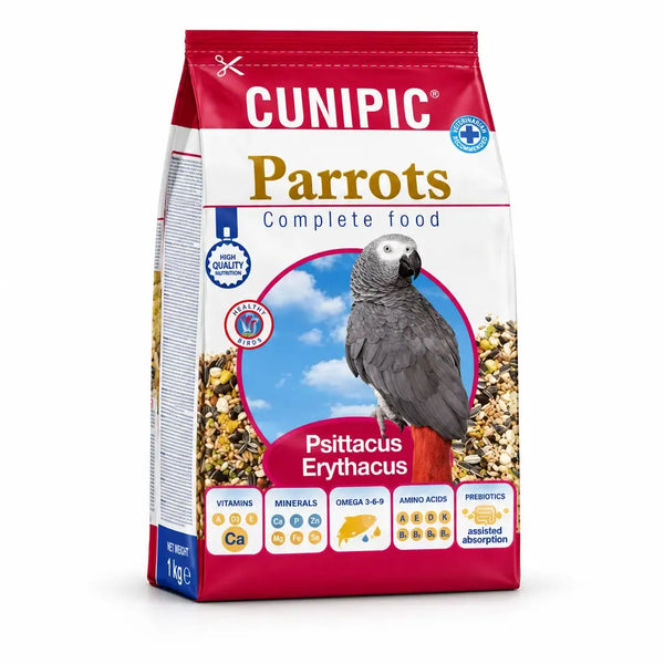 Cunipic Premium complete parrot food 1kg bag with mixed seeds and grains