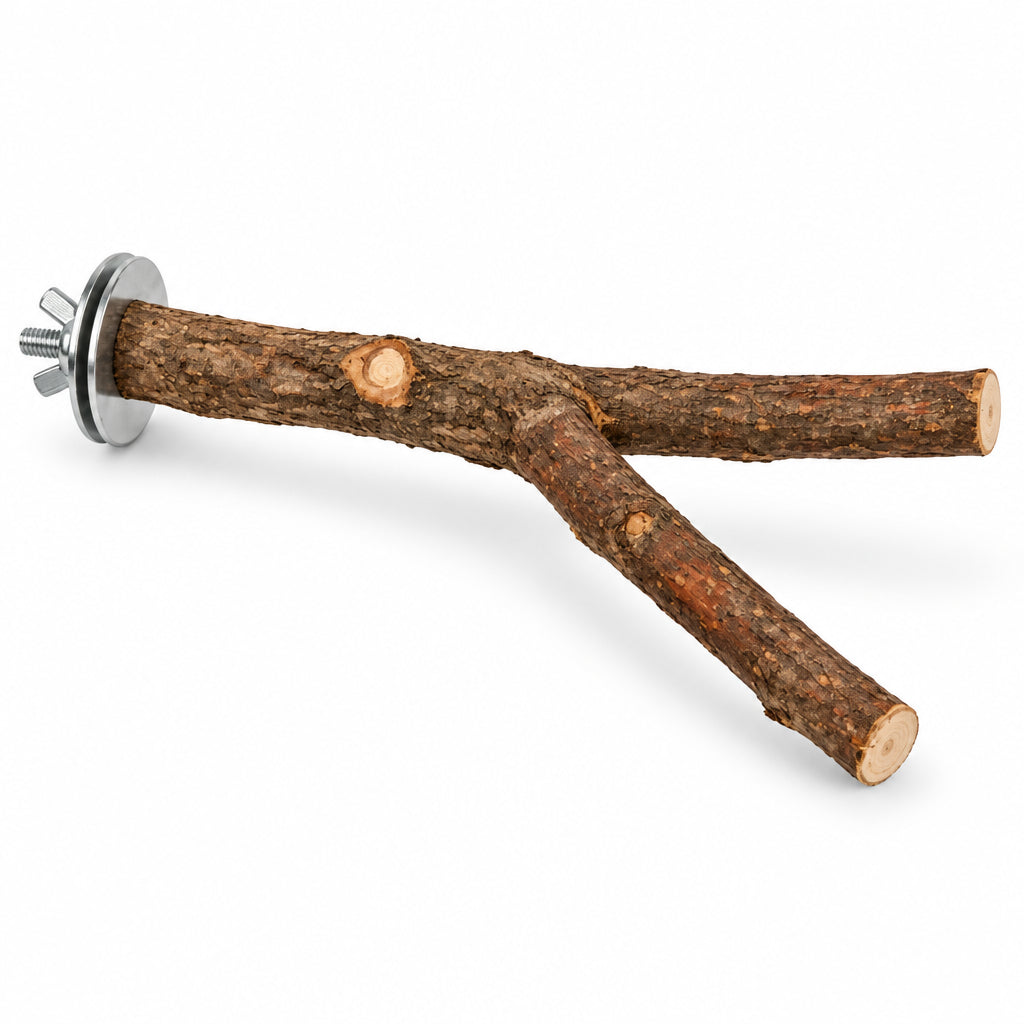 Natural bark-covered Y-shaped bird cage perch 15cm with metal washer and wing-nut mount