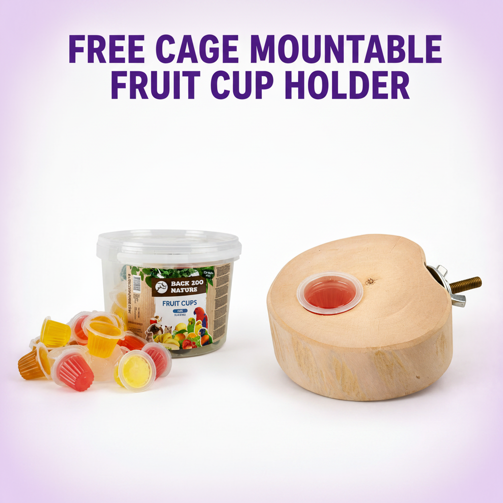 A promotional product image showing a heart-shaped wooden mount with a small cup holder slot, alongside a tub of fruit cups and loose colorful cups, with large text reading 'FREE CAGE MOUNTABLE FRUIT CUP HOLDER' on a pale lavender background.