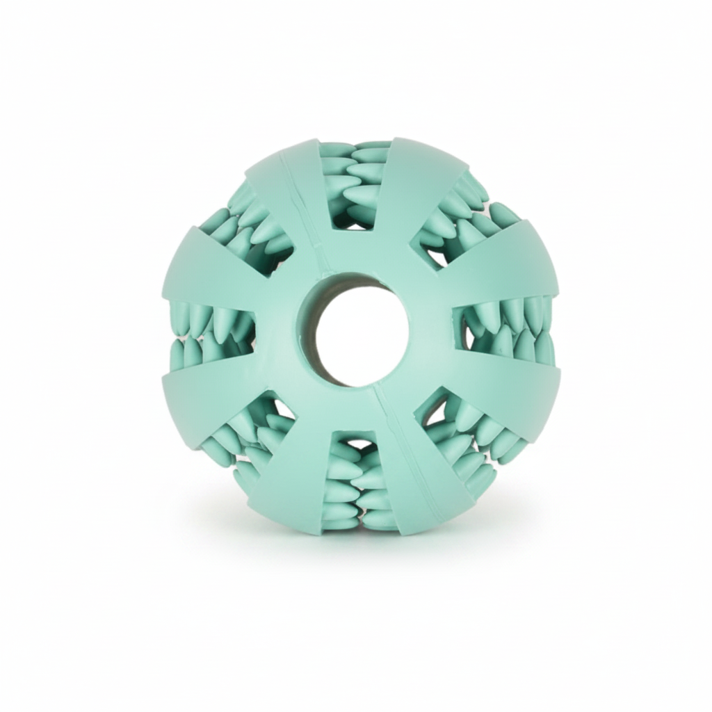 A mint green silicone dog toy with a textured, tooth-like outer surface and a circular hole in the center, shown on a plain white background.