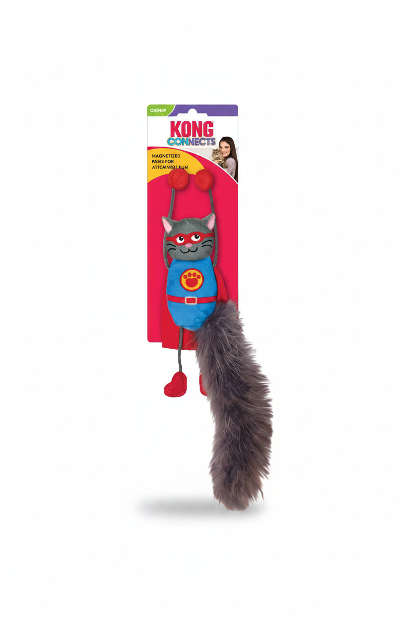 KONG Connects Magnicat magnetic catnip cat toy with red and blue superhero design