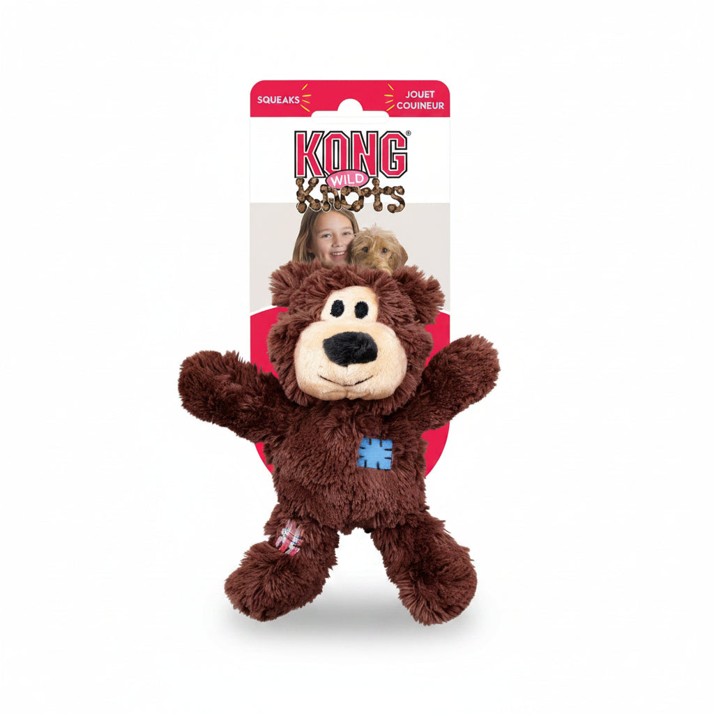 KONG Wild Knots Bear medium large plush rope squeaky dog toy in assorted colour