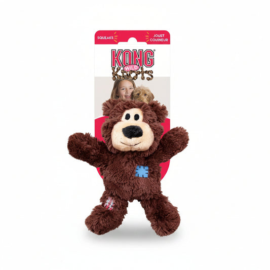 KONG Wild Knots Bear medium large plush rope squeaky dog toy in assorted colour