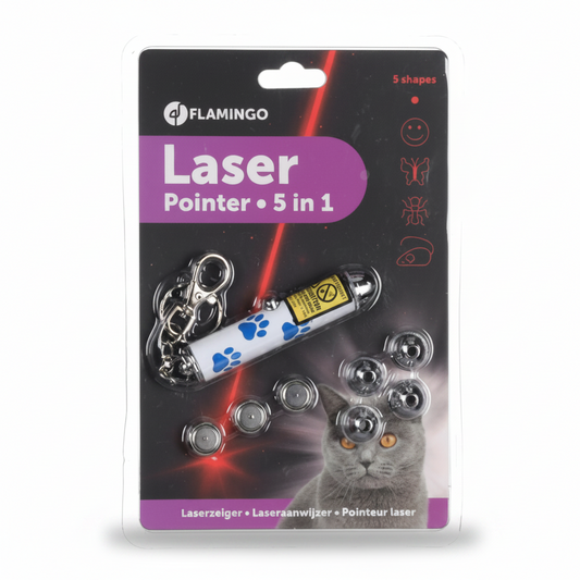 Flamingo brand 5-in-1 laser pointer keychain in retail blister packaging, showing the white cylindrical laser body with blue paw prints, silver keychain rings, and several clear lenses, with a cat photo printed on the card.