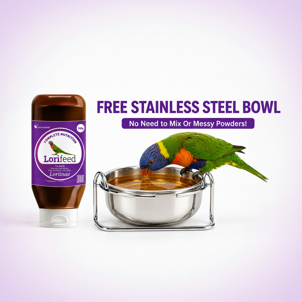 A Lorifeed bird supplement bottle next to a stainless steel bowl with a parrot drinking from it, with promotional text 'FREE STAINLESS STEEL BOWL' and 'No Need to Mix Or Messy Powders!' on a light purple background.