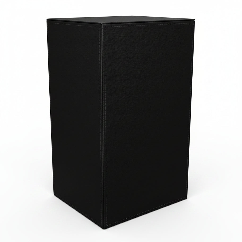 A black rectangular pedestal or display stand with a solid matte finish, shown from a three-quarters perspective on a plain white background.