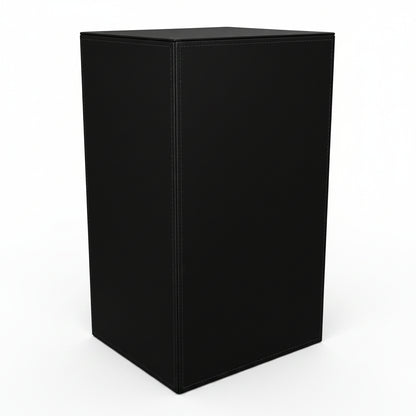 A black rectangular pedestal or display stand with a solid matte finish, shown from a three-quarters perspective on a plain white background.