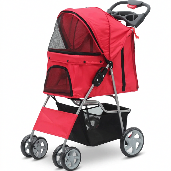 Pawise red four-wheel foldable pet stroller for pets up to 15kg