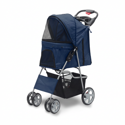 Pawise blue four-wheel foldable pet stroller for pets up to 15kg