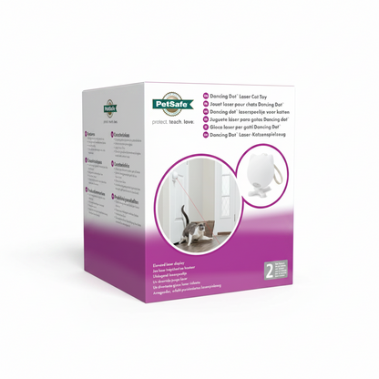 PetSafe Dancing Dot Laser Cat Toy retail packaging box, featuring a white and purple design with product details and a photo of a cat interacting with the laser toy.