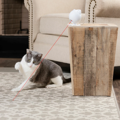 A gray and white cat sits on a patterned rug in a living room, looking toward a white laser pointer dot on top of a rustic wooden side table. A red laser line connects the cat to the dot, demonstrating a laser pointer toy.