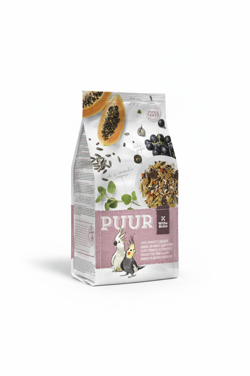 A bag of Puiur bird food, specifically Puur for cockatoos and parakeets, featuring a white and pink design with illustrations of, a grey parrot, and cockatiel with food ingredients like papaya and seeds.