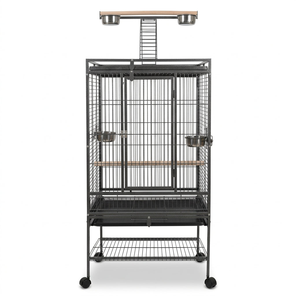 A large black metal bird cage with a rolling wheeled frame, featuring multiple perches, two hanging bowls, and a wooden top bar with metal perches, shown against a plain white background.