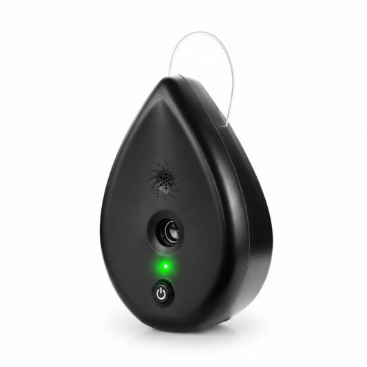 A black teardrop-shaped electronic device with a clear hanging loop at the top, featuring a speaker grille, lens, green indicator light, and power button on a plain white background.