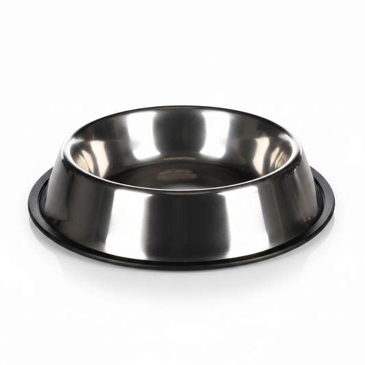 A stainless steel pet food bowl with a black non-slip base, shown on a plain white background.