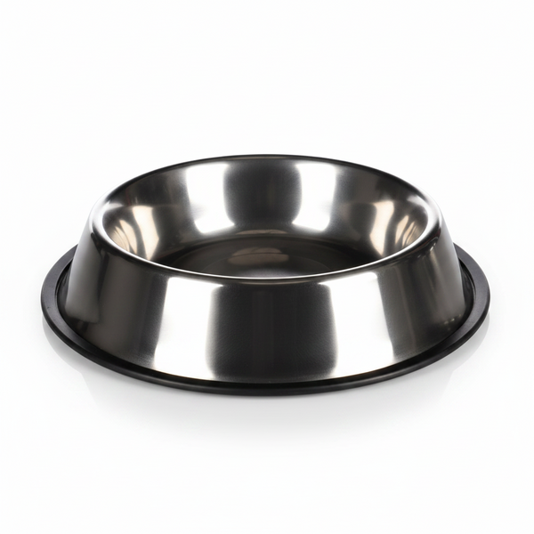 A stainless steel pet food bowl with a black non-slip base, shown on a plain white background.