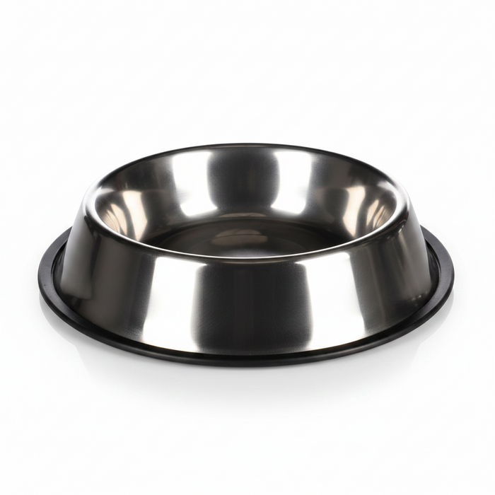 A stainless steel pet food bowl with a black non-slip base, shown on a plain white background.